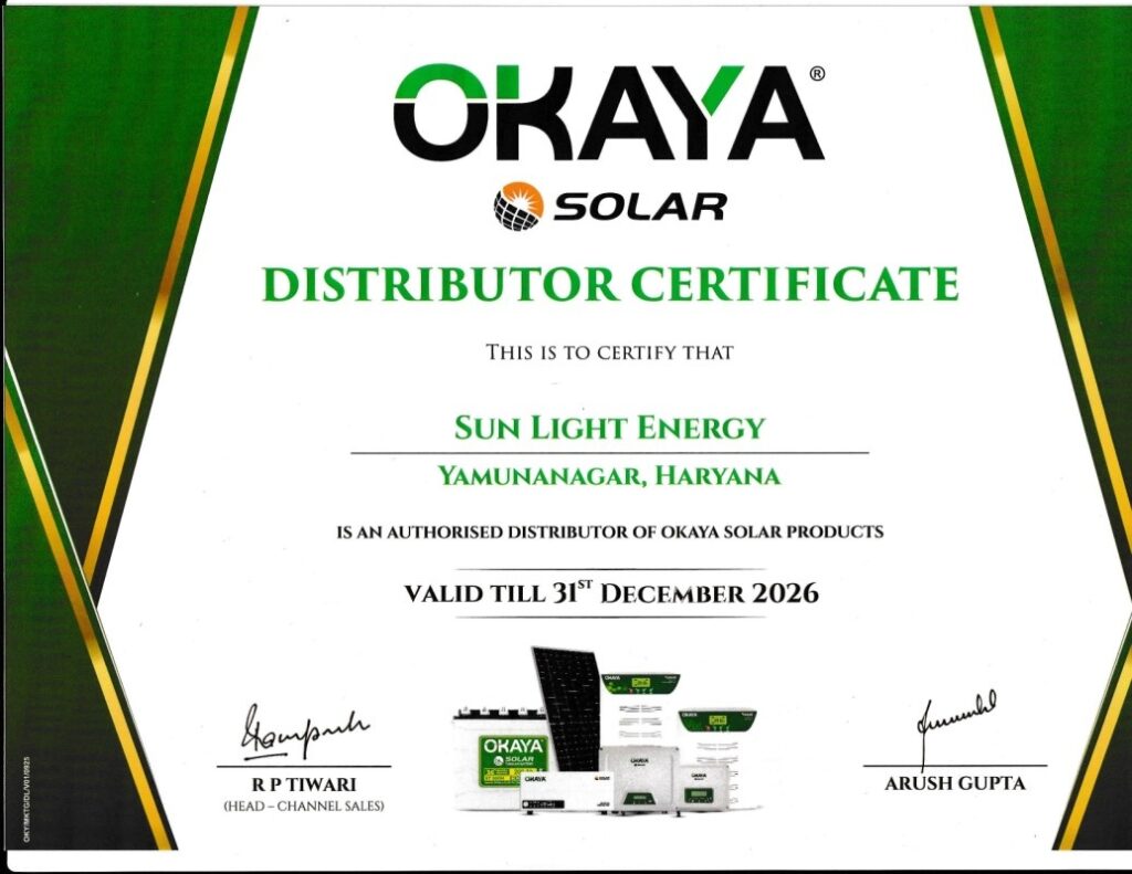 OKAYA Solar authorized distributor certificate for Sunlight Energy