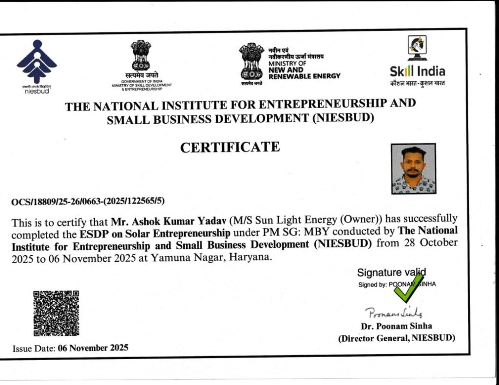 OKAYA Solar authorized distributor certificate for Sunlight Energy